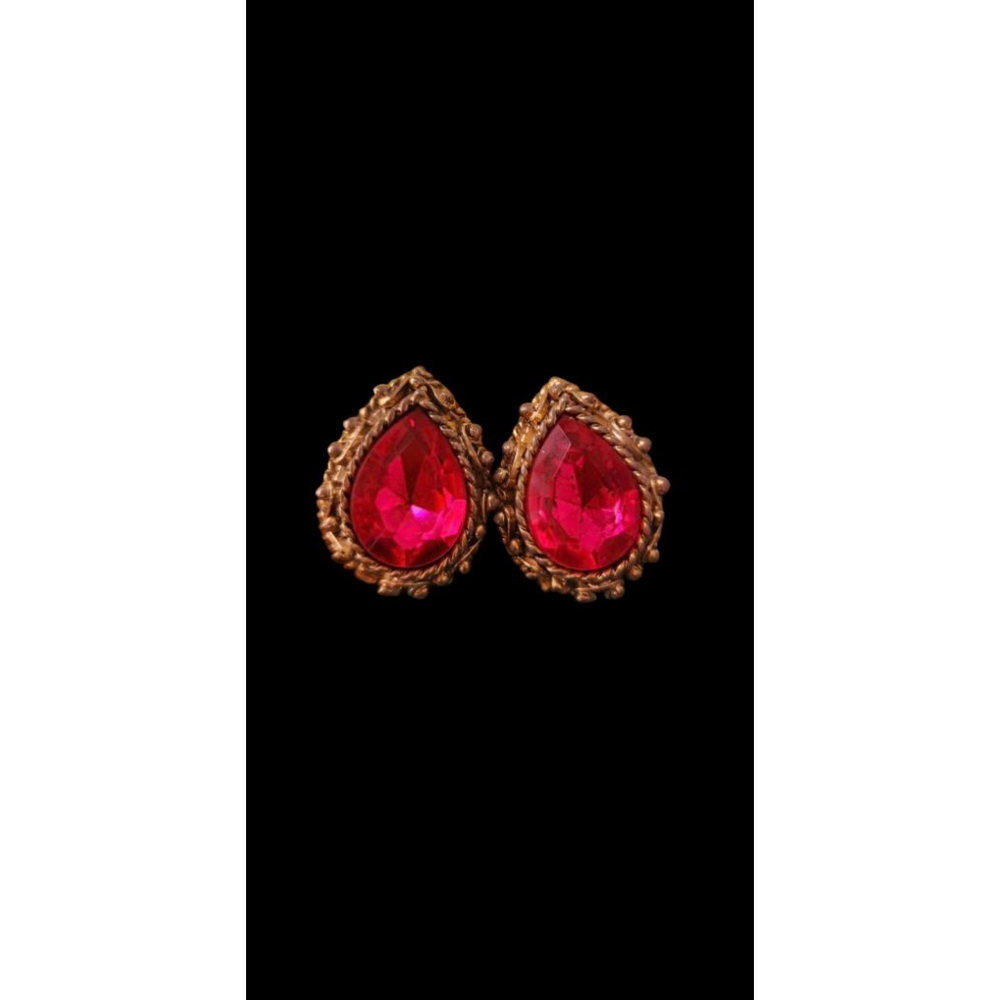 Vintage High End Gold Tone Pink Teardrop Glass Stud Post Statement Earrings
